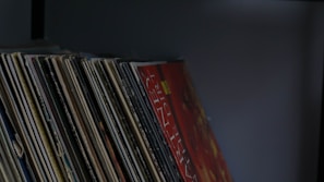 A collection of vinyl records neatly lined up on a shelf, showcasing various album covers with different colors and designs. The lighting is dim, casting a muted and nostalgic atmosphere.
