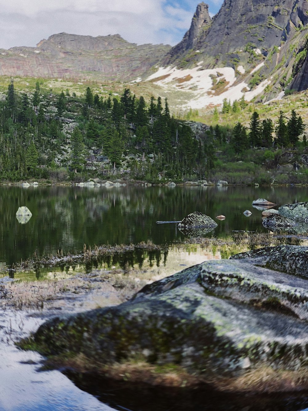 a mountain lake surrounded by trees and rocks