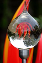 A clear glass orb with red and yellow abstract shapes inside is mounted on a metallic stand. The orb reflects an inverted image of a garden with trees, creating a distorted view. Bright red and orange streaks in the background complement the colors inside the orb.