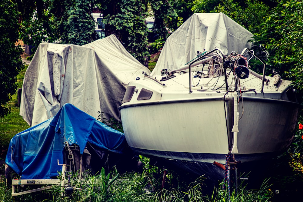 white and blue boat on green grass during daytime