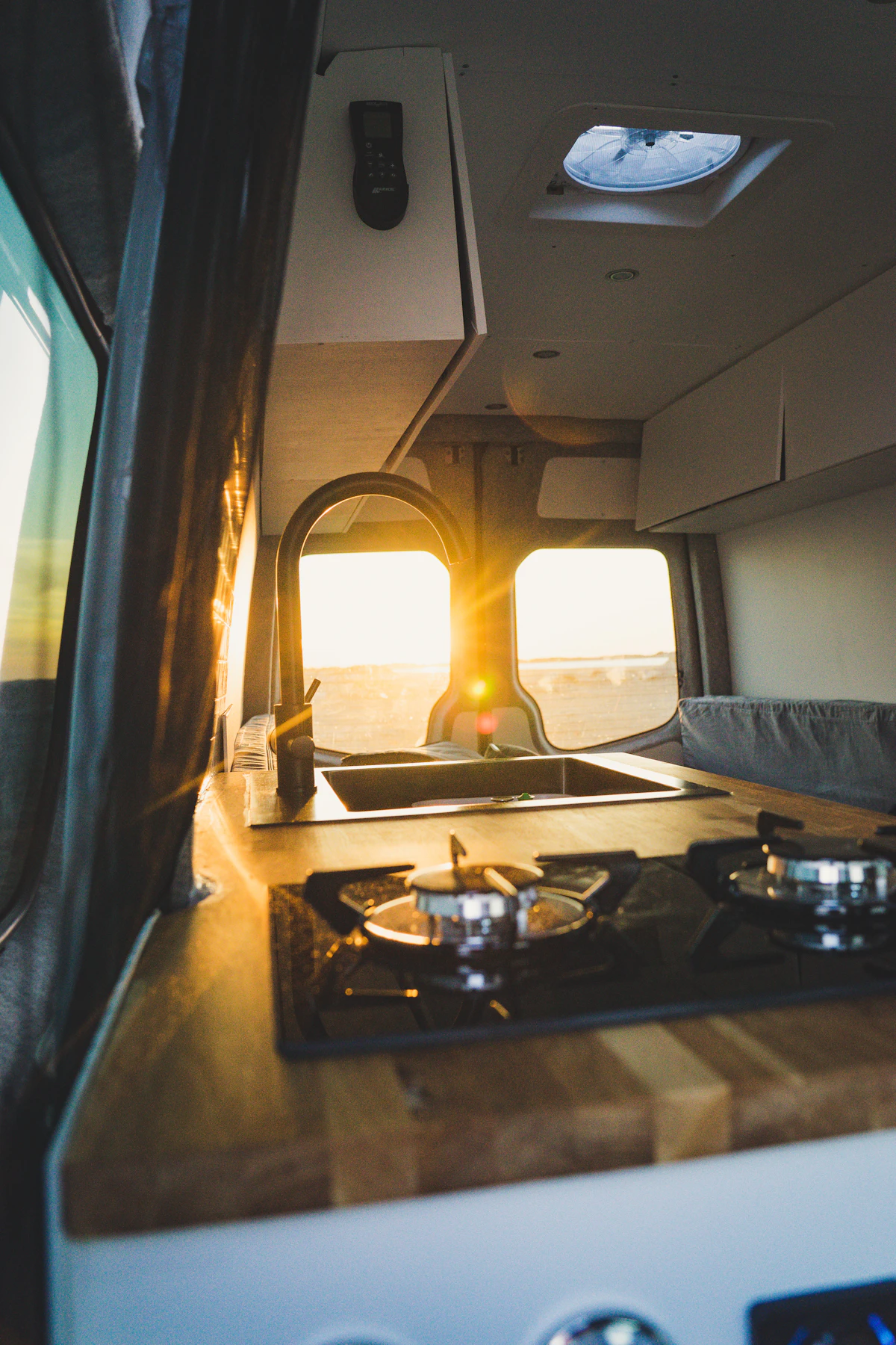 A gas hob for cooking in a campervan