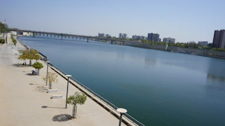 A clean river flowing through a thoughtfully planned urban area with pedestrian bridges.