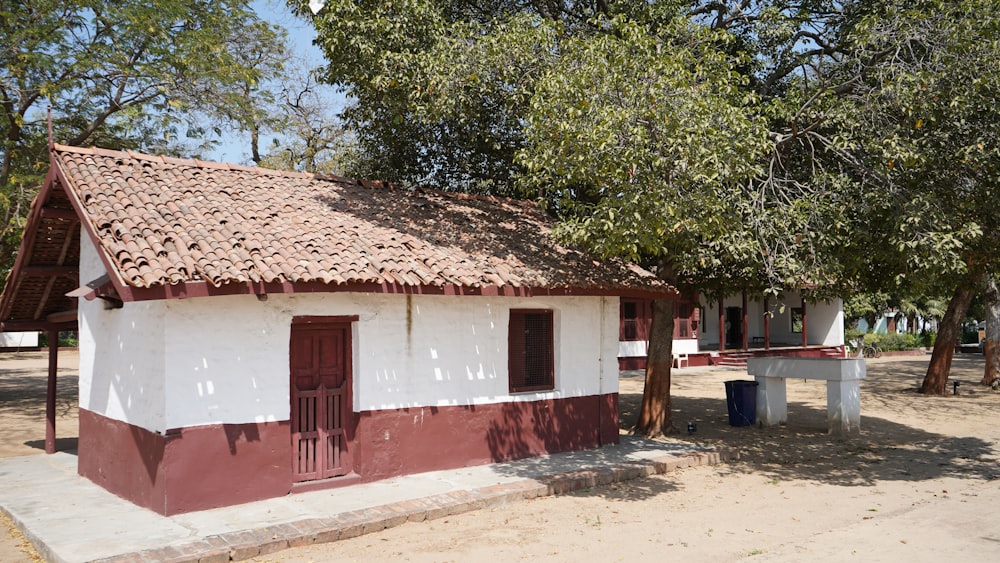 árvore verde ao lado da casa de concreto branca e vermelha