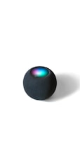 A spherical smart speaker with a mesh-like texture sits on a flat surface. The top of the device exhibits a glowing LED display with vibrant colors including blue, green, and purple.