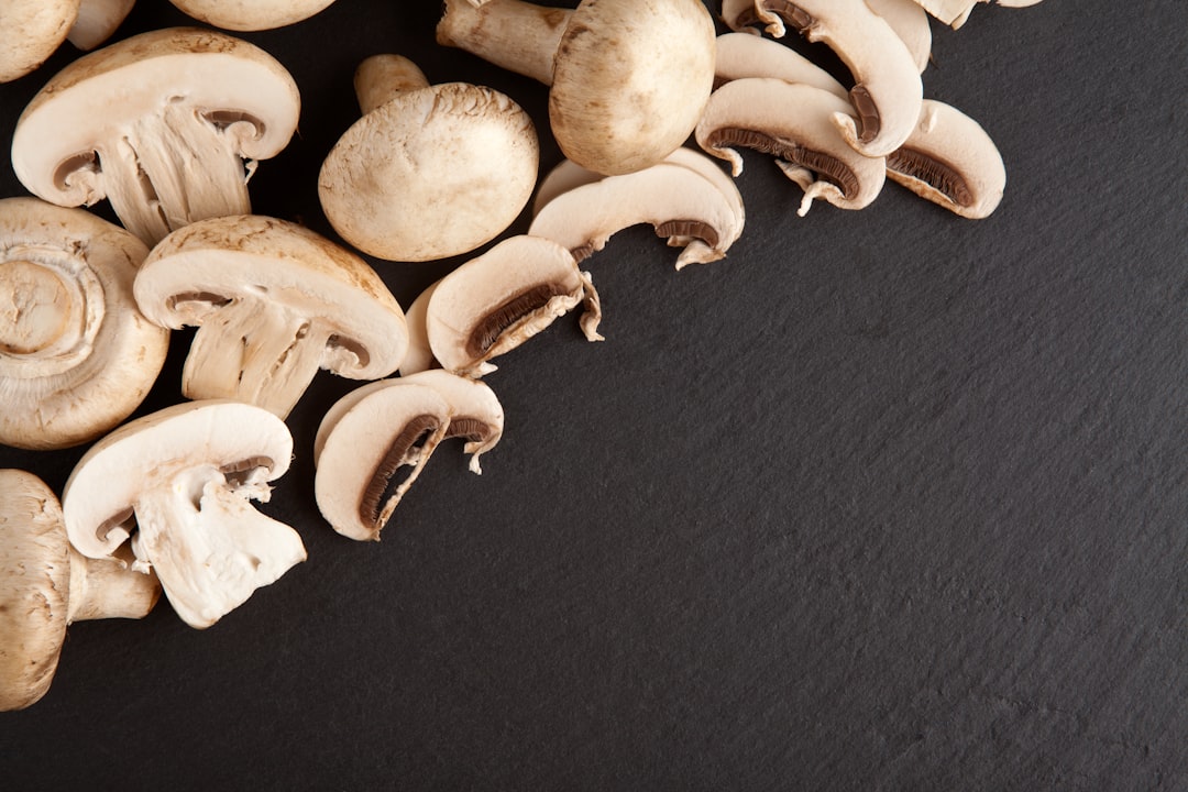 white mushrooms on black textile