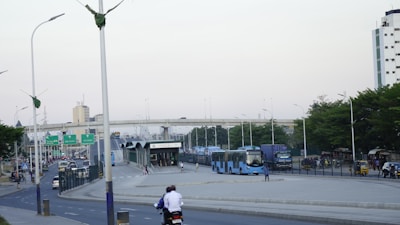 A cityscape showing urban transportation.