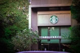 The entrance of a building features prominent branding with the recognizable Starbucks logo above the doors. Surrounding the structure are lush, green trees and plants, adding a natural ambiance.