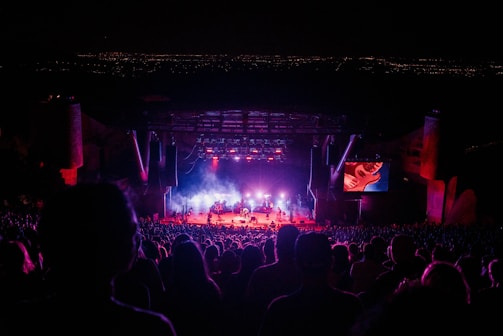 A large crowd attending a nighttime outdoor concert. The stage is illuminated with bright lights, featuring multiple musicians performing. A large screen to the right of the stage displays a close-up of a performer playing a guitar. The background consists of a dark sky, suggesting the concert is set in an open-air venue, possibly with a cityscape visible faintly in the distance.