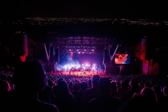 A large crowd attending a nighttime outdoor concert. The stage is illuminated with bright lights, featuring multiple musicians performing. A large screen to the right of the stage displays a close-up of a performer playing a guitar. The background consists of a dark sky, suggesting the concert is set in an open-air venue, possibly with a cityscape visible faintly in the distance.