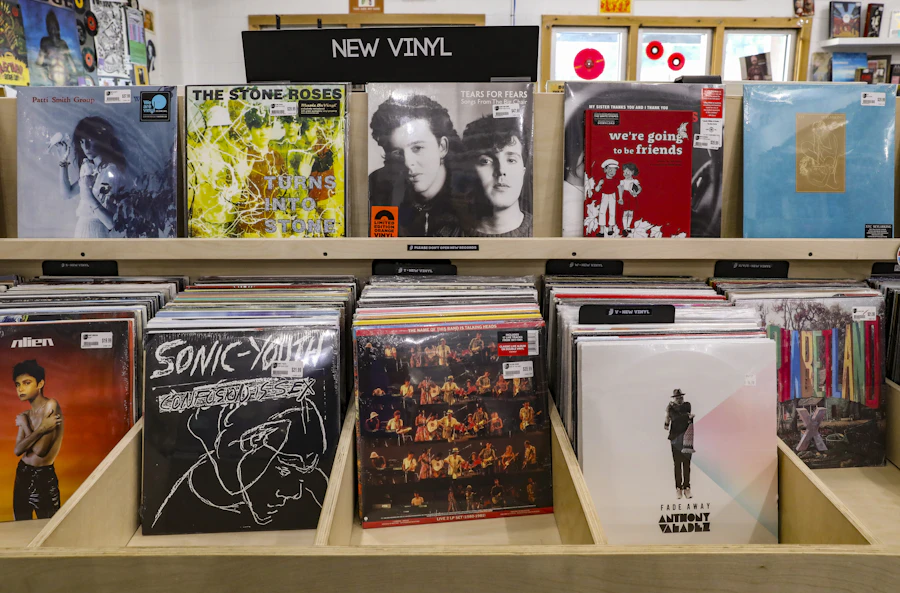 Vinyles rangés verticalement dans une étagère de disquaire