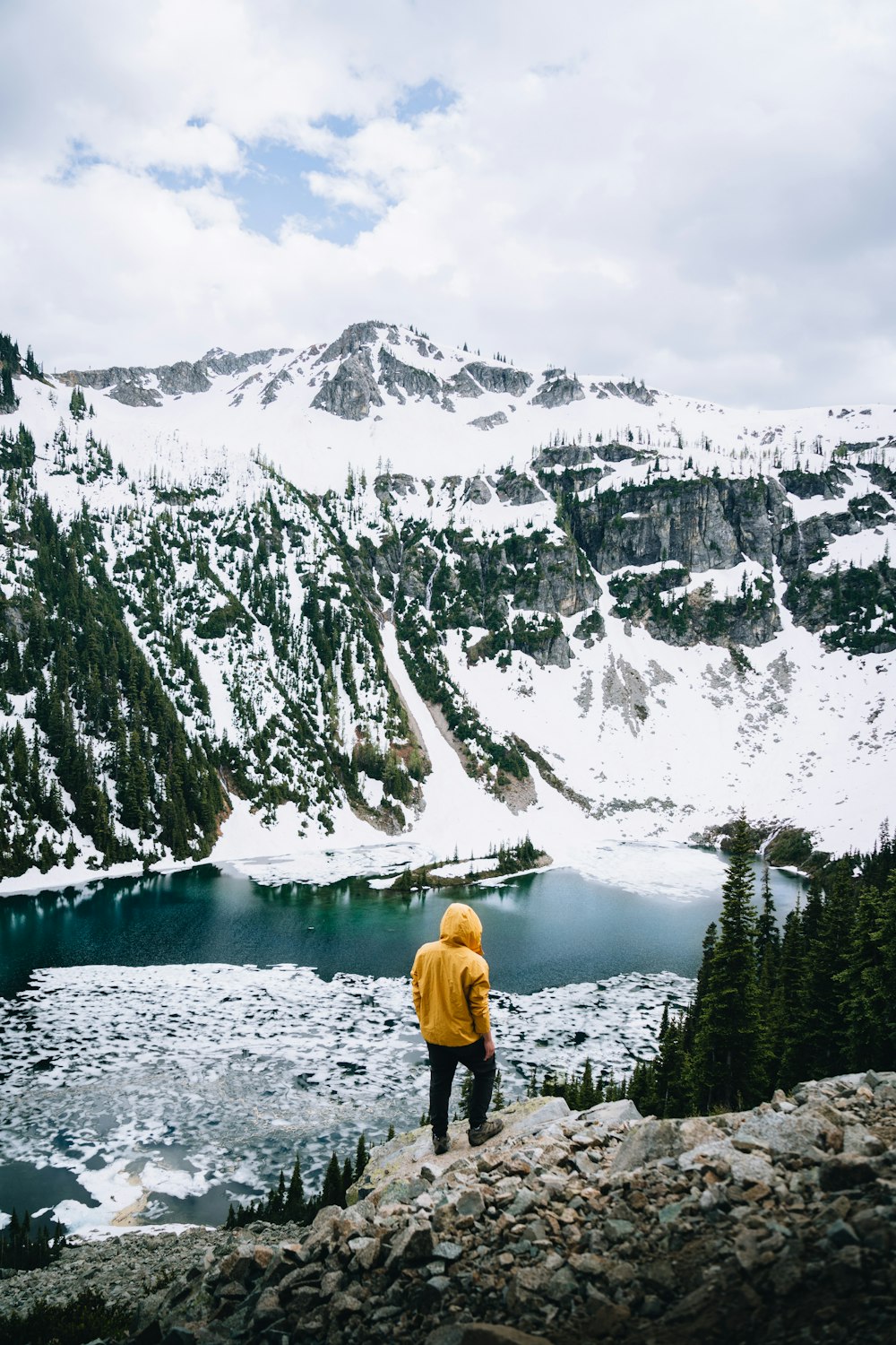 person in yellow jacket standing on snow covered ground near lake and snow covered mountain during