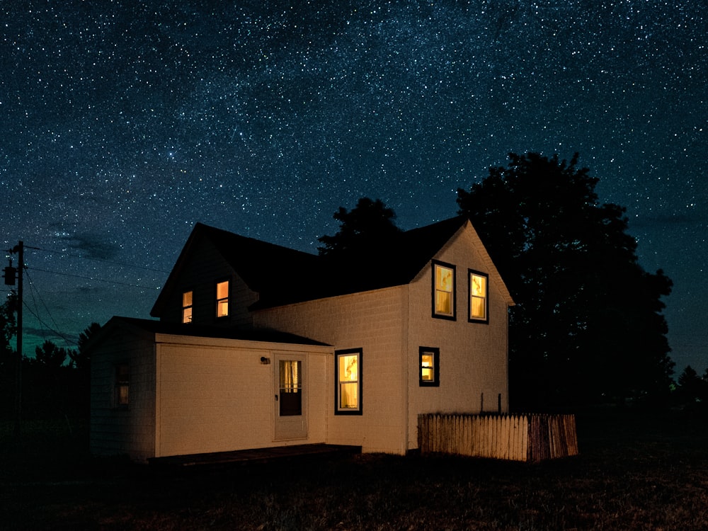 Casa de madera blanca y marrón bajo el cielo azul durante la noche