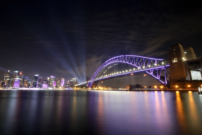 white bridge over body of water during night time