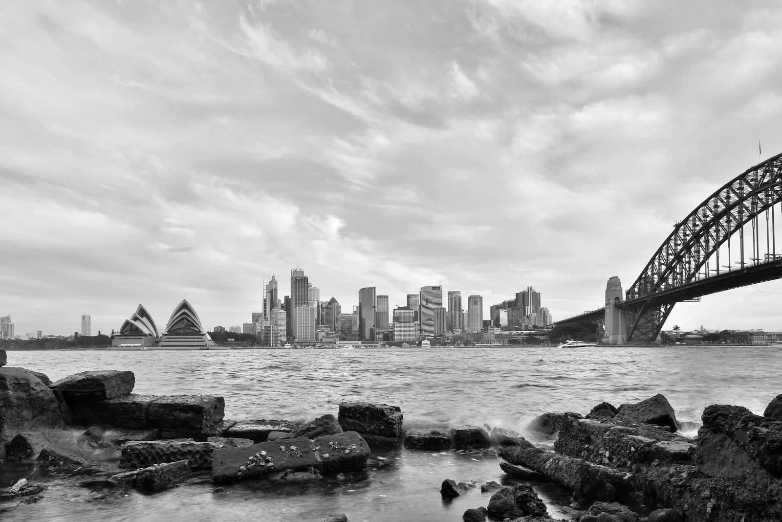 Black and white photo of the Sydney city skyline