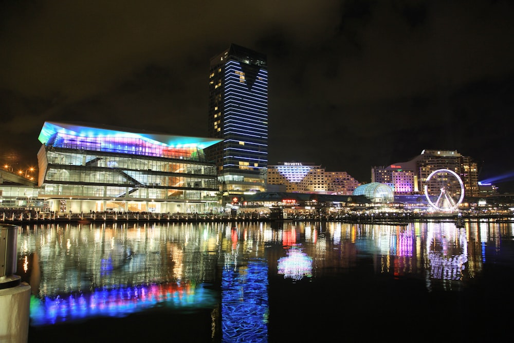 city skyline during night time