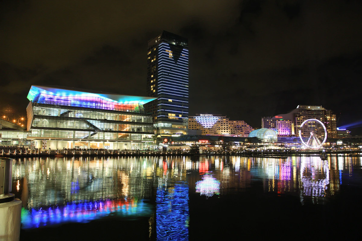 Sydney city skyline at night across the water