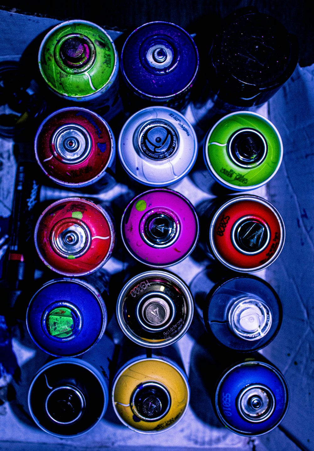 red green blue and yellow bottles