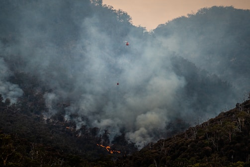 A helicopter carries a bucket over a forest fire, with dark smoke billowing into the sky from the burning trees below. The rugged terrain is covered with dense vegetation and the orange glow of flames is visible against the dark and smoky background.