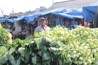 A bustling outdoor market scene with produce displayed in the foreground, including leafy greens and other vegetables. Two men stand behind the stall under blue tarpaulin, one smiling, suggesting a friendly and lively atmosphere.