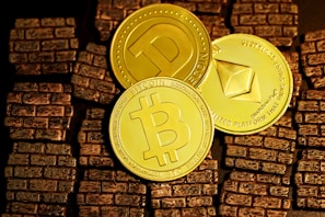 Three golden cryptocurrency coins are displayed on a textured surface resembling small brown bricks. The coins represent Bitcoin, Dogecoin, and Ethereum, each bearing their distinct symbols and inscriptions.