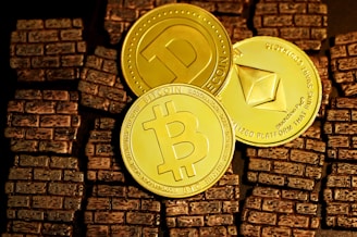 Three golden cryptocurrency coins are displayed on a textured surface resembling small brown bricks. The coins represent Bitcoin, Dogecoin, and Ethereum, each bearing their distinct symbols and inscriptions.