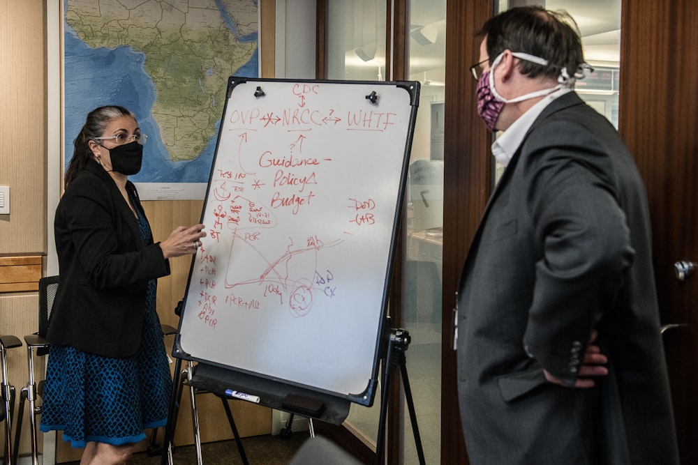 man in black suit jacket holding white board