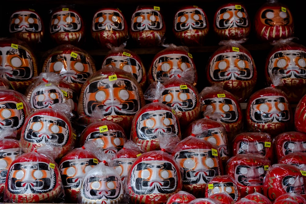 red and yellow plastic skull decors