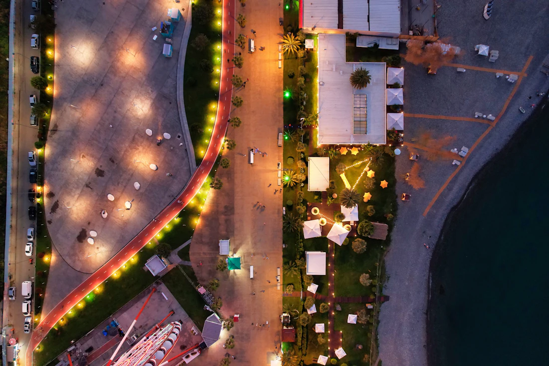 Aerial view of Batumi's Black Sea coastline at night