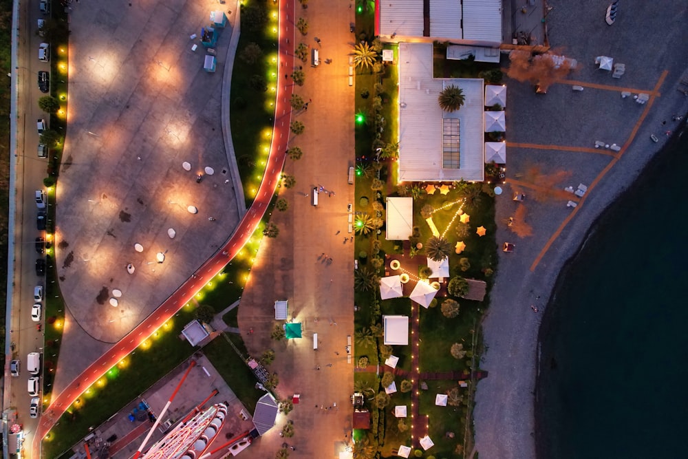 aerial view of city buildings during night time