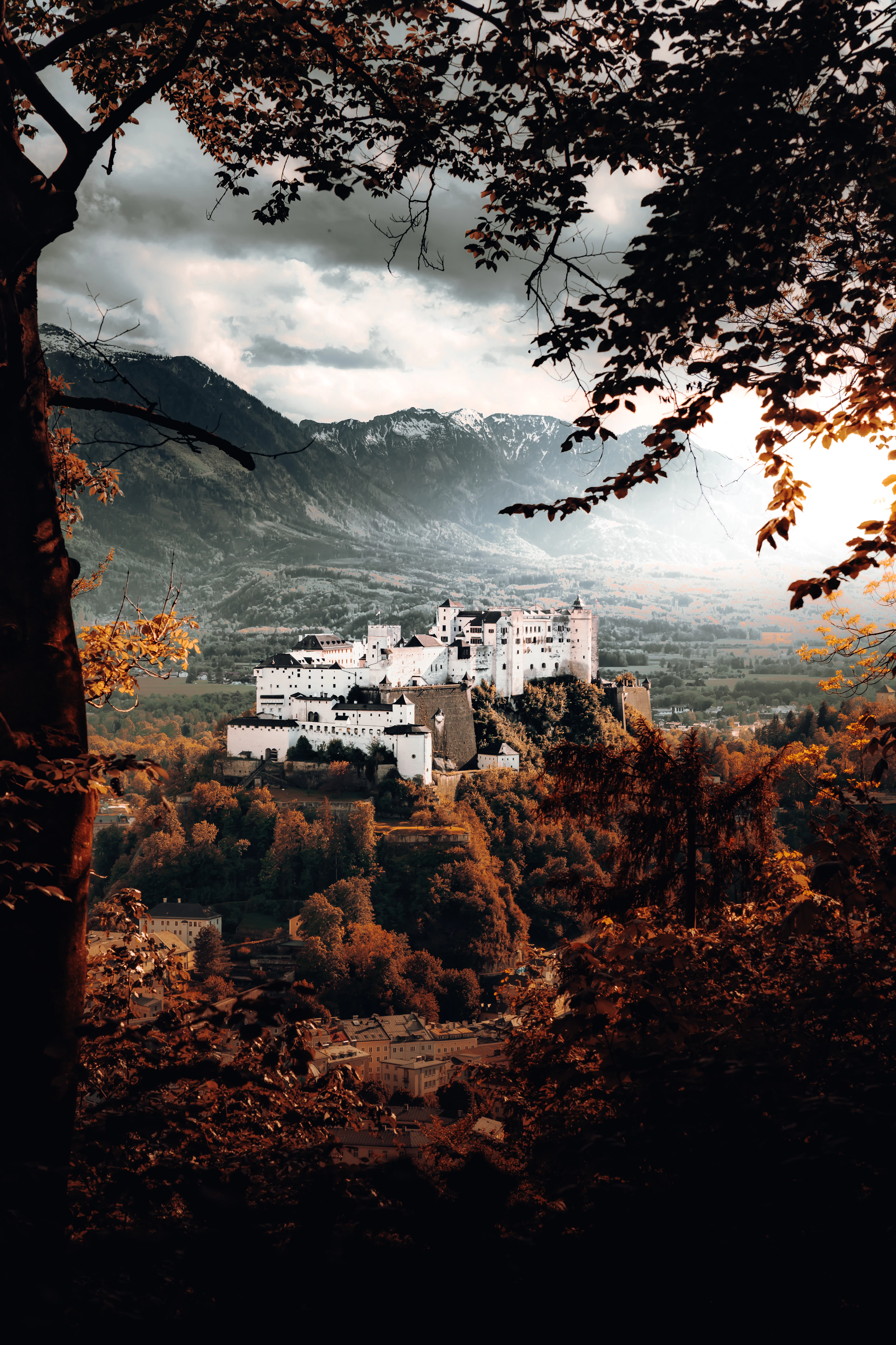 Hohensalzburg Fortress framed by autumn foliage with snow-capped mountains and a moody sky behind it.