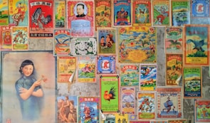 A collage of vintage Chinese posters and advertisements with colorful and intricate designs. The posters feature a variety of images including traditional symbols, animals like roosters and dragons, and a portrait of a woman in a traditional dress holding flowers. The images are arranged tightly together, covering a wall, with an aged and nostalgic aesthetic.