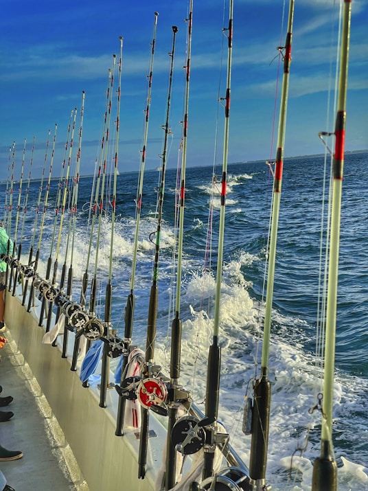 A line of fishing rods is neatly arranged along the railing of a boat, with the ocean and frothy waves visible in the background under a clear blue sky. A few pieces of clothing or towels are draped over the railing.