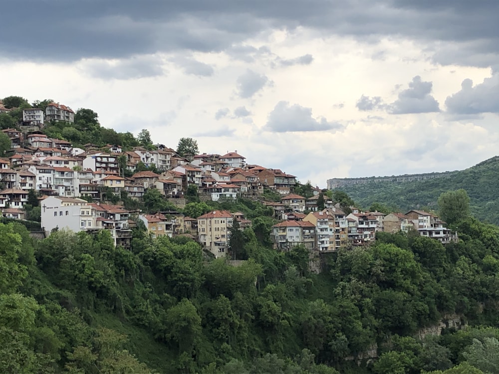 Arbres verts près des bâtiments en béton blanc et brun sous des nuages blancs pendant la journée