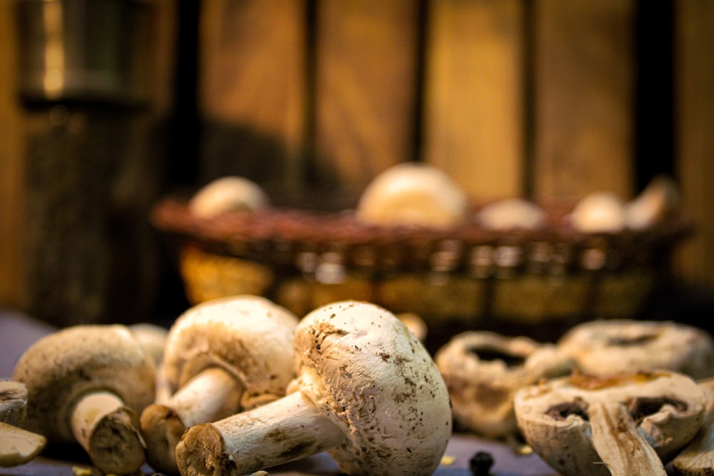 white and brown mushroom on brown woven basket