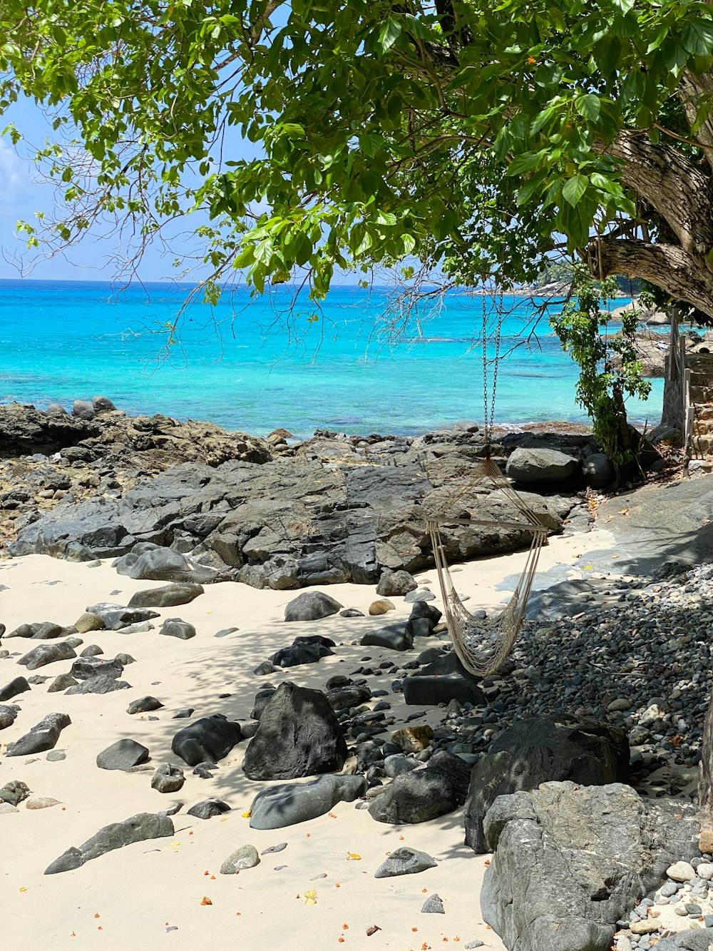 white hammock on beach shore during daytime