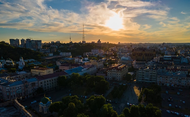 An aerial view of Baghdad’s skyline at sunset, highlighting the city’s dynamic energy.