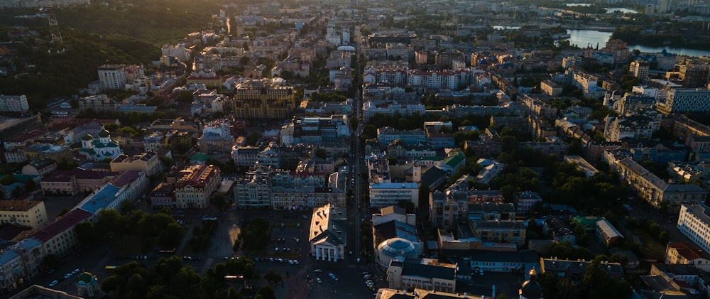 aerial view of city buildings during night time