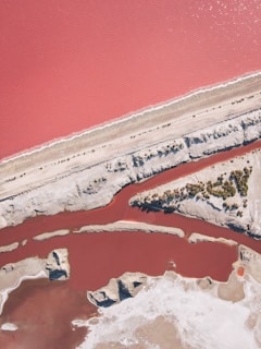 Aerial view of a vibrant, pink-colored body of water bordered by lighter sandy or rocky terrain. There are distinct paths or divisions of land cutting through the water, and variations in color suggest different depths or salinity levels. Sparse vegetation is visible in some areas.