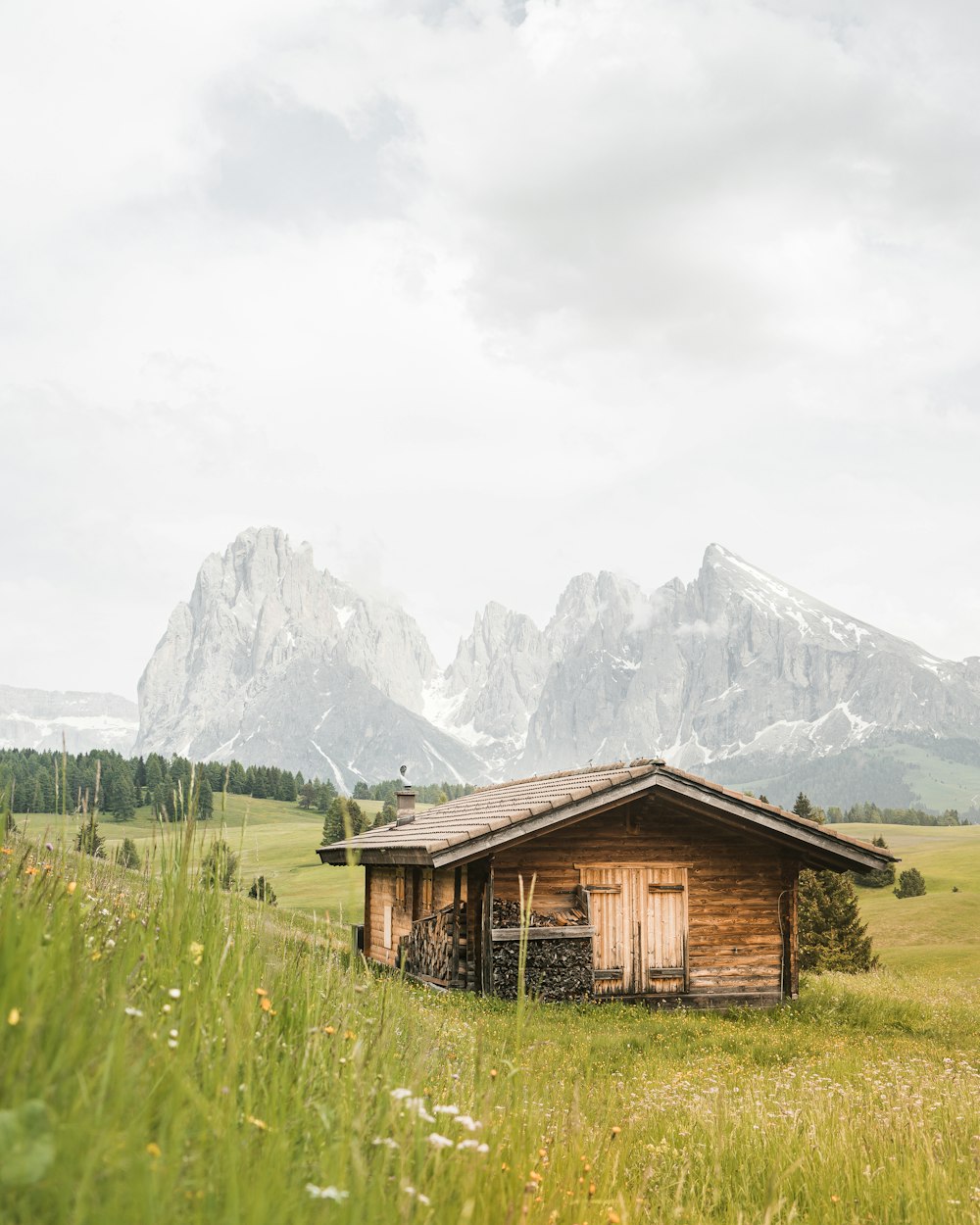 Maison en bois marron sur un champ d’herbe verte près de la montagne pendant la journée