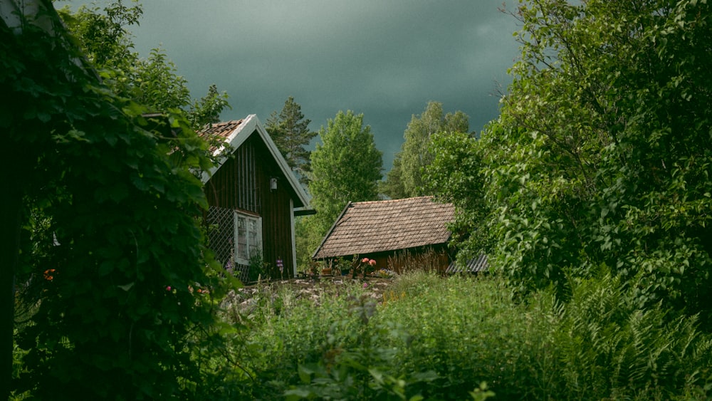 brown wooden house surrounded by green trees under gray sky