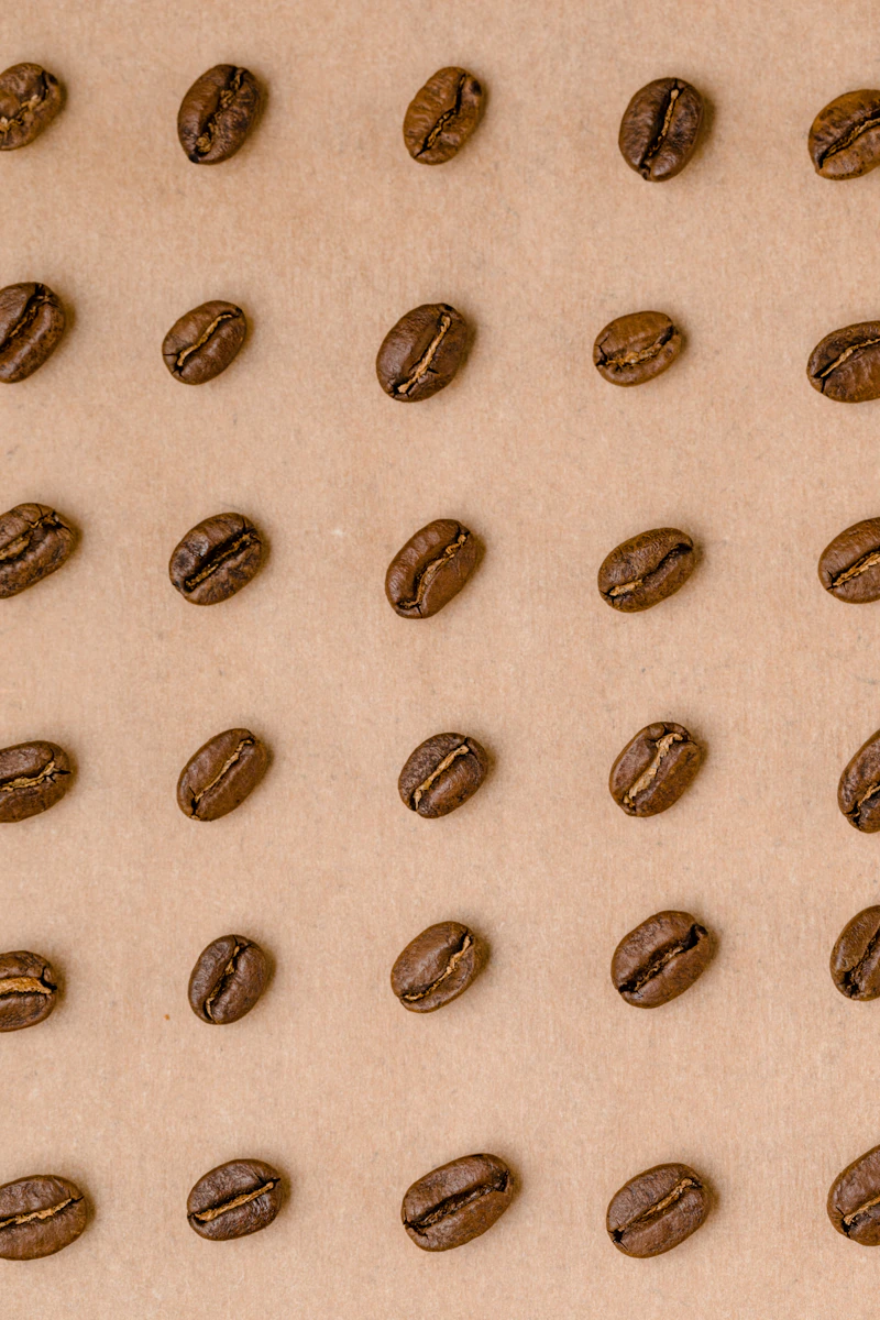 Grains de café alignés en grille sur un fond beige, de teintes brunes variées, comme un nuancier de torréfaction