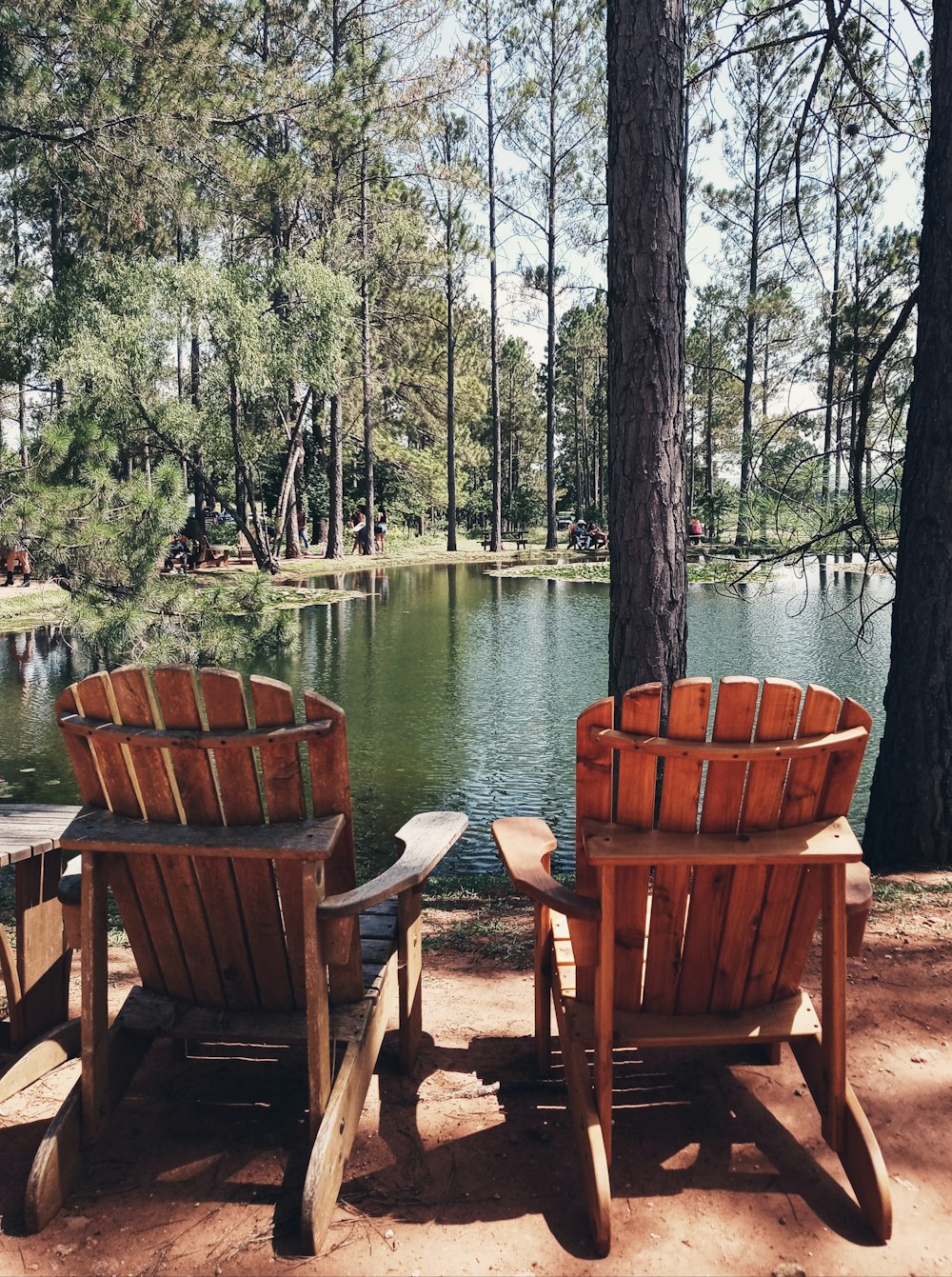 brown wooden armchairs beside river during daytime