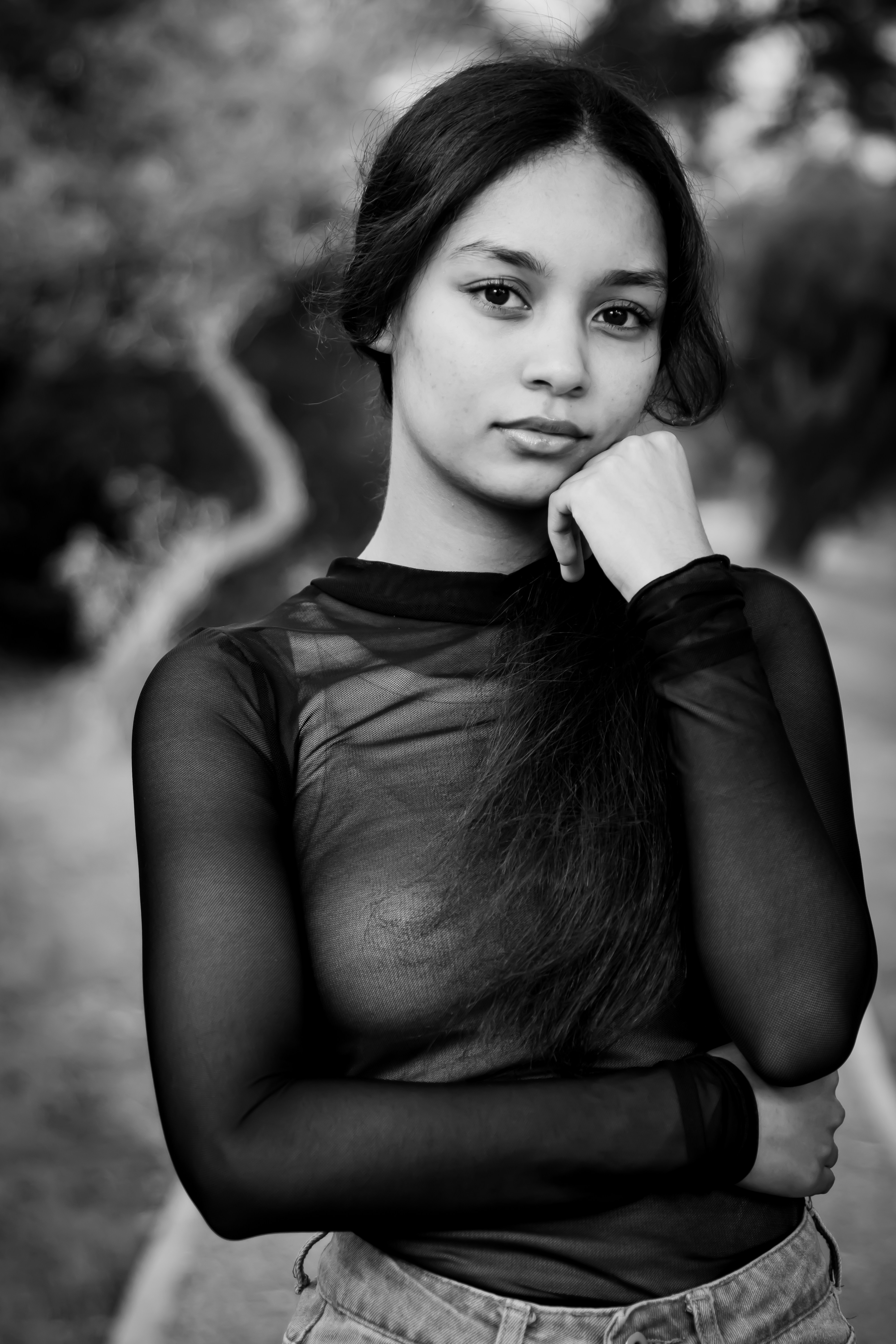 grayscale photo of woman in black crew neck t-shirt