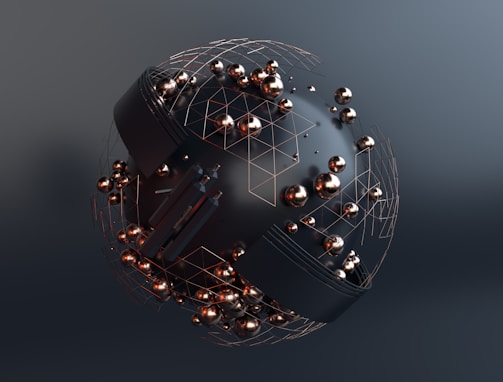 A dark, futuristic sphere surrounded by a geometric wireframe and adorned with shiny metallic spheres. The structure suggests a blend of technology and art, featuring intricate patterns and reflective surfaces.