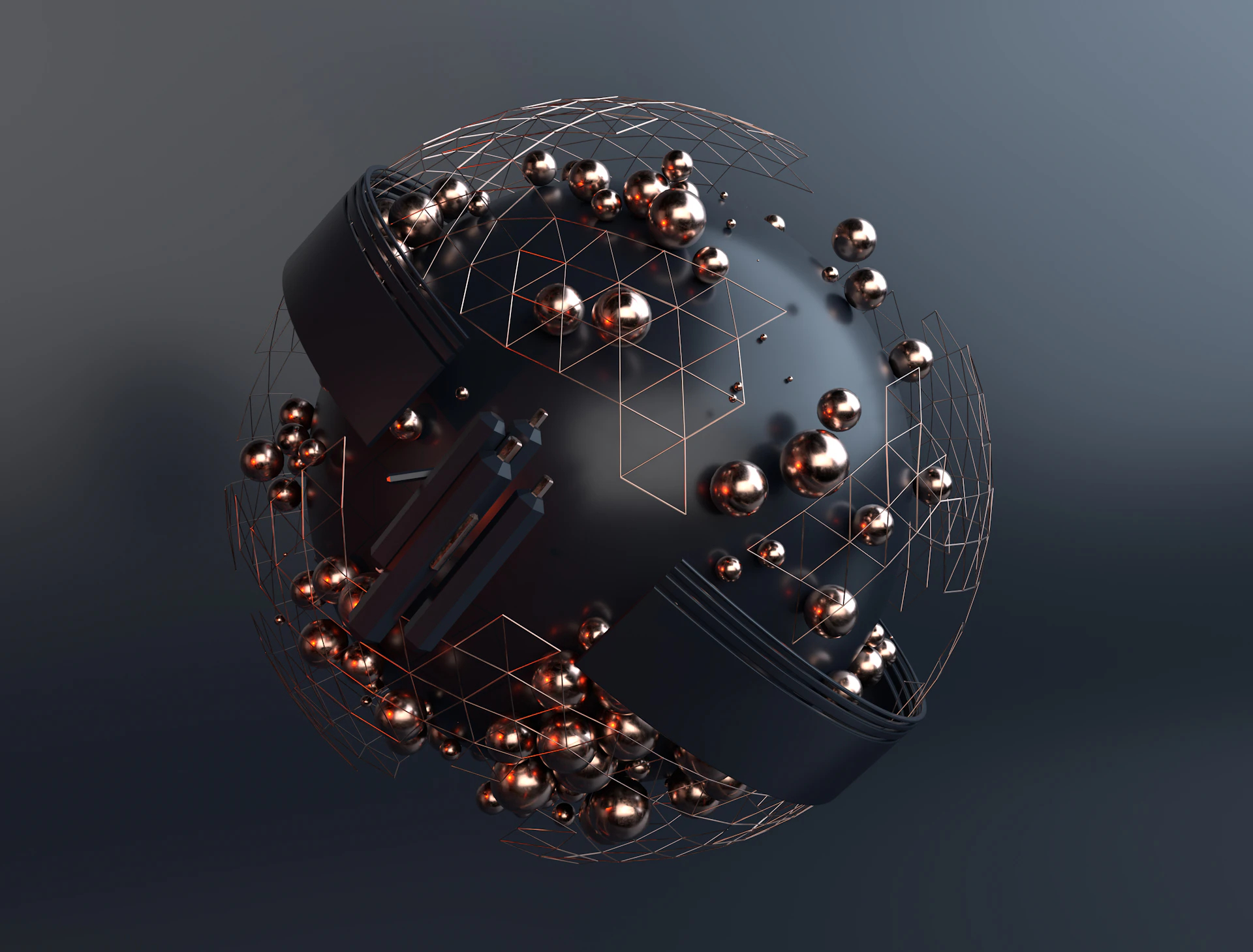 Dark render of a wireframe sphere strung with nodes, lit from a single source.