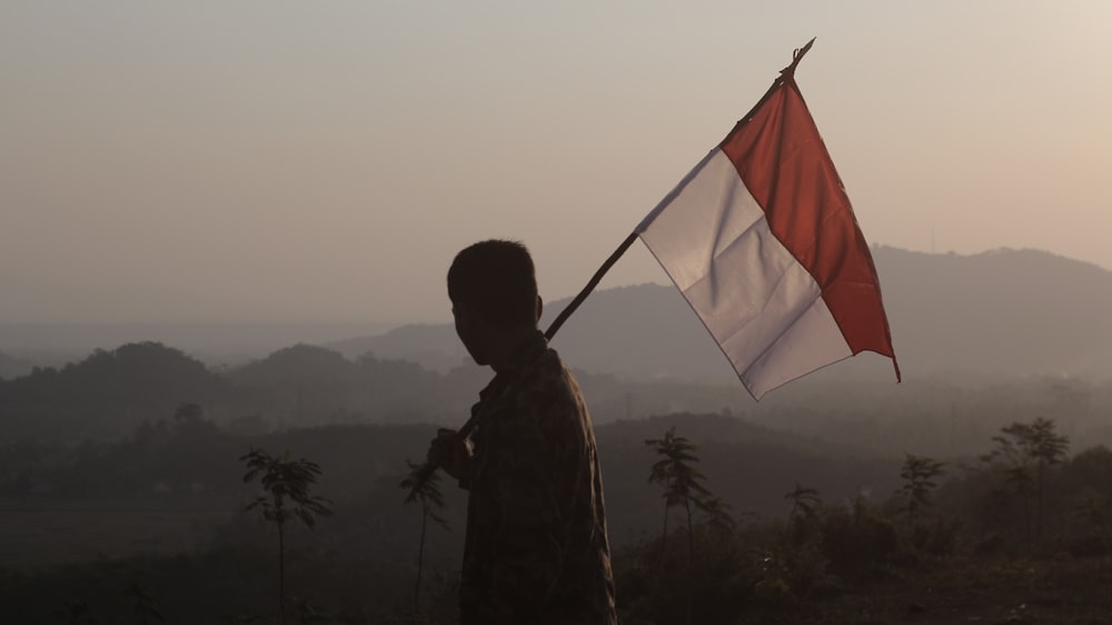 Silueta de hombre sosteniendo bandera durante el día