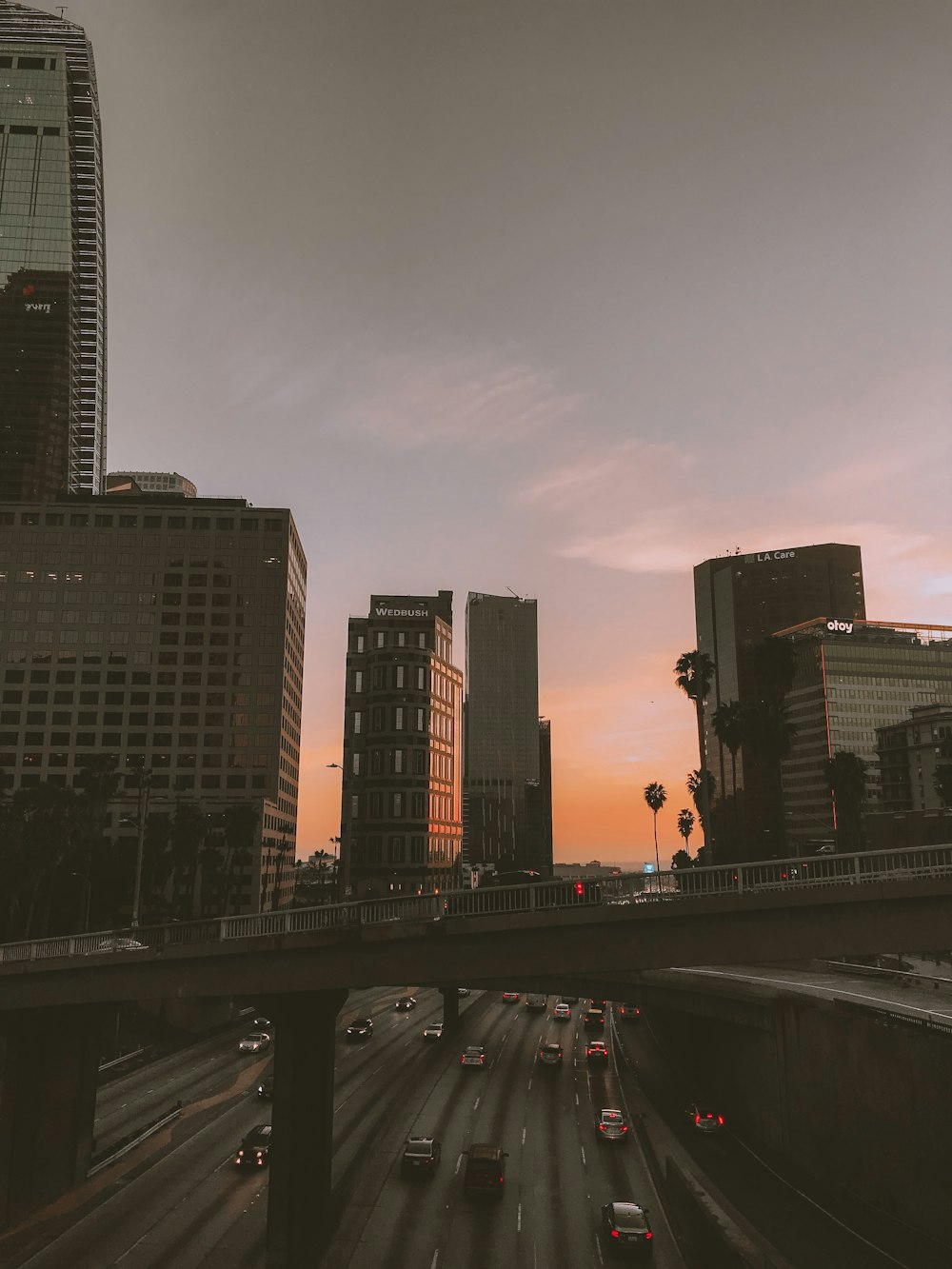 cars on road near high rise buildings during sunset