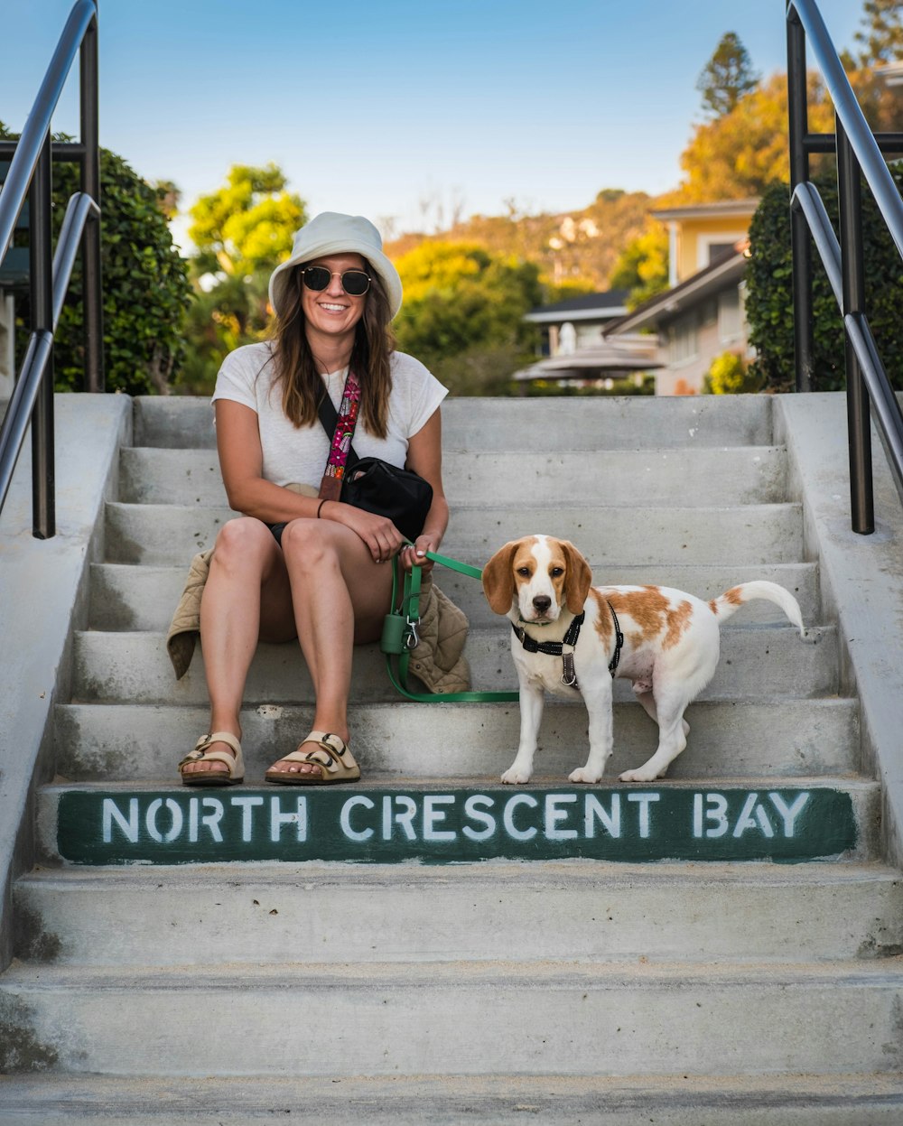 woman in red shirt sitting beside brown and white short coated dog on gray concrete stairs