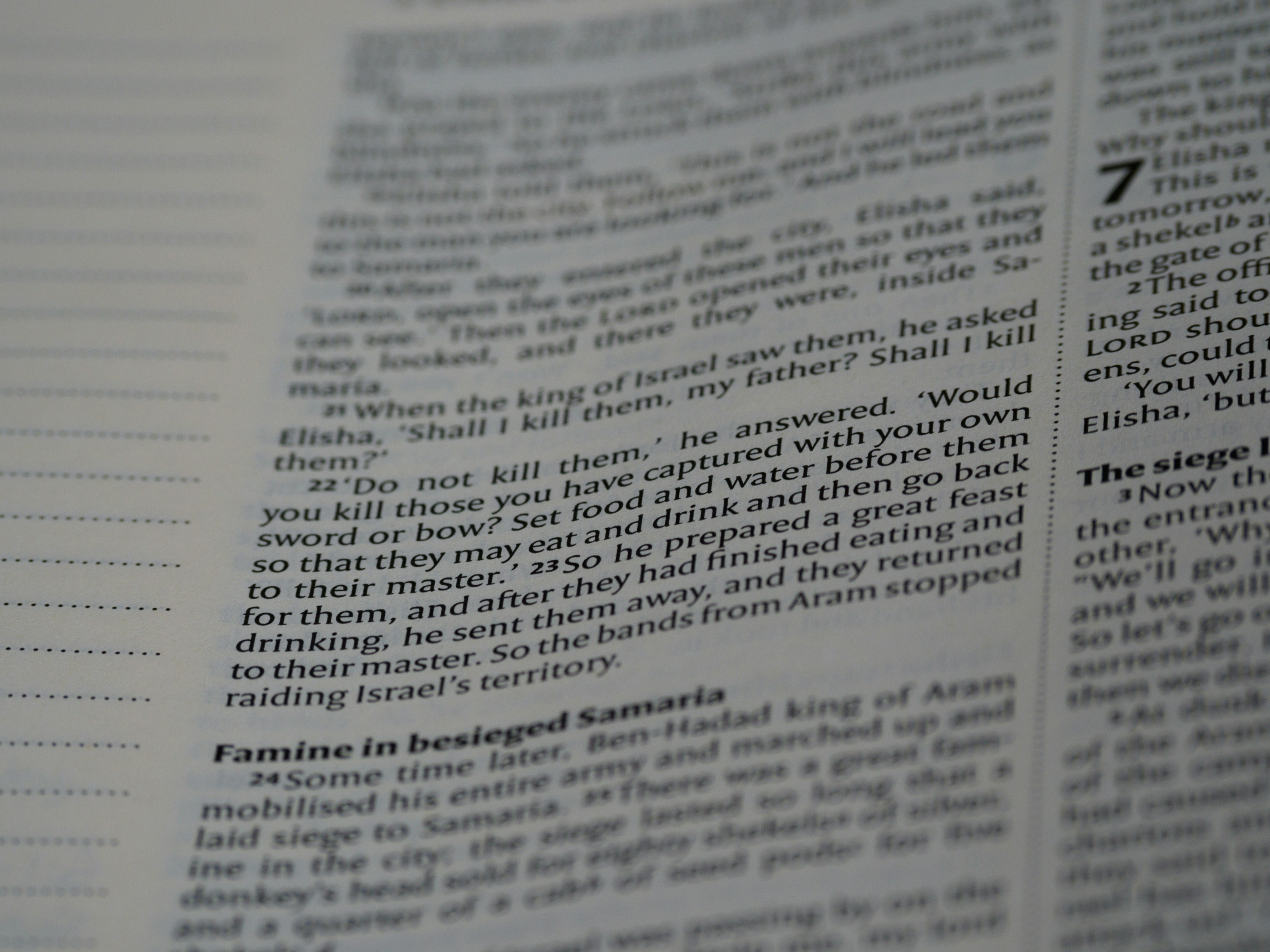 close up, bokeh, macro, blur, blurred background, close focus, bible, old testament, 2 kings, book of kings, kings, ספר מלכים‎, sêp̄er malḵîm,  hebrew bible, destruction of judah, babylon, babylonian exile, Deuteronomistic history, a history of Israel, rabbinic literature, shavuot, christian, judaism, history, text, reading, bible study, devotions, text, NIV, New International Version, type, typography, canon, christianity, holy scripture, holy bible, scripture, tanakh, nevi'im, ketuvim, septuagint,
