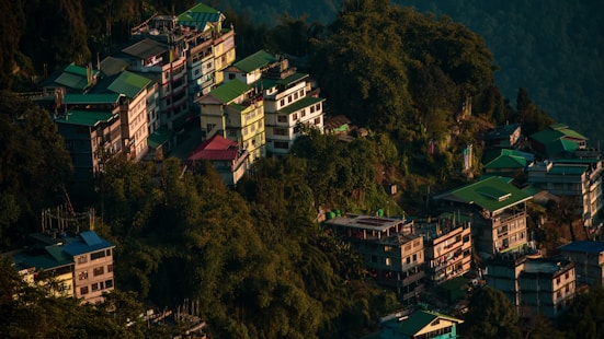 white and red concrete building on green mountain during daytime